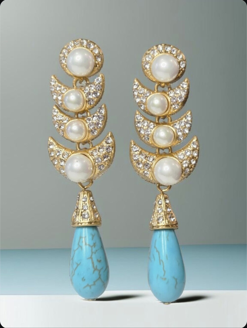 Magical Gold Plated Crescent Moon Pave Crystal Pearl Turquoise Dangle Earrings